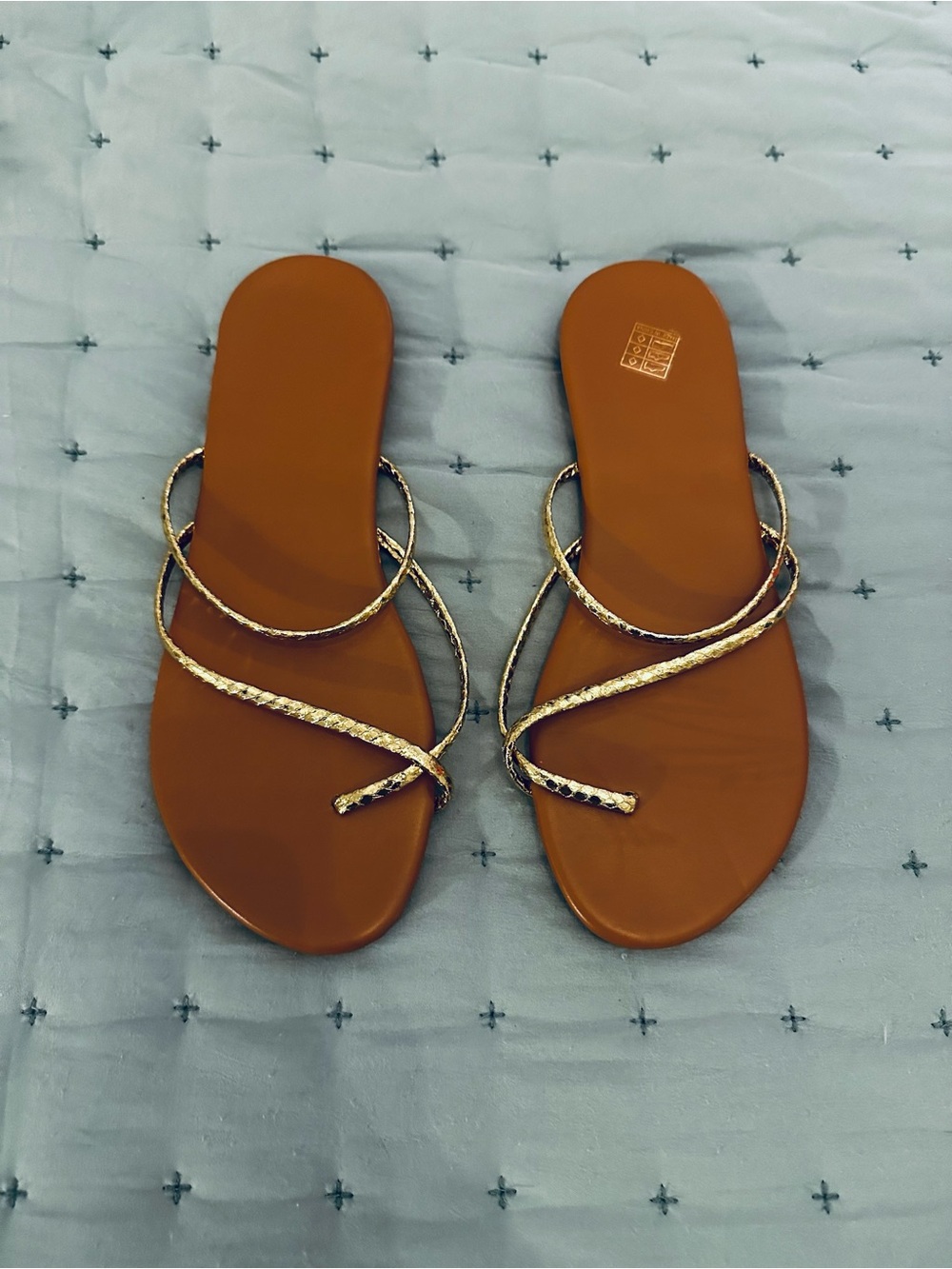 Women’s Tan Slide Sandals with Gold Braided Straps